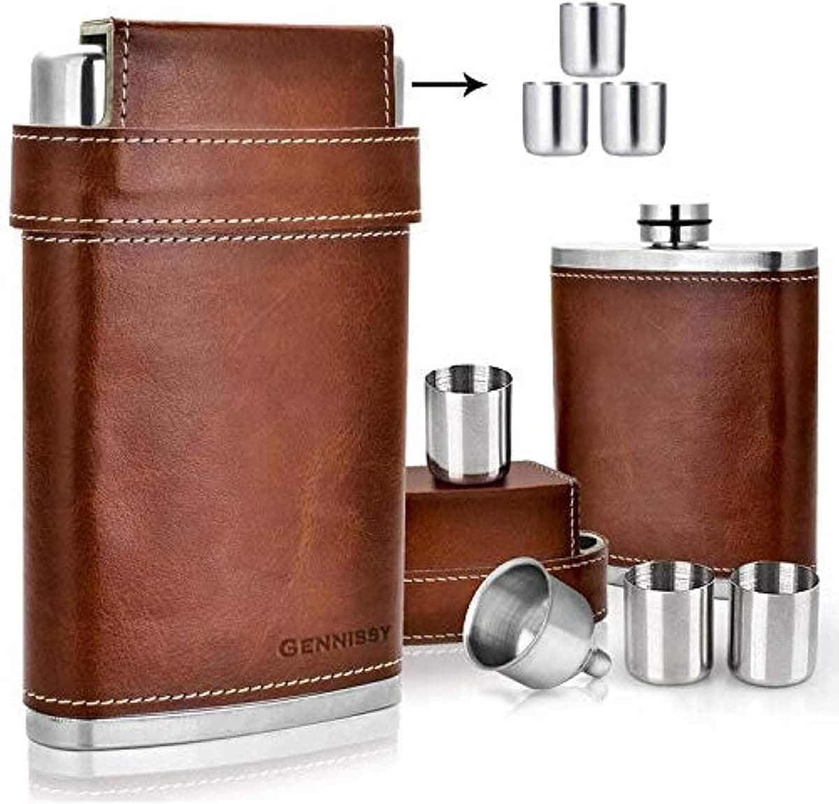 GENNISSY 8 oz Hip Flask with Funnel and 3 Cups