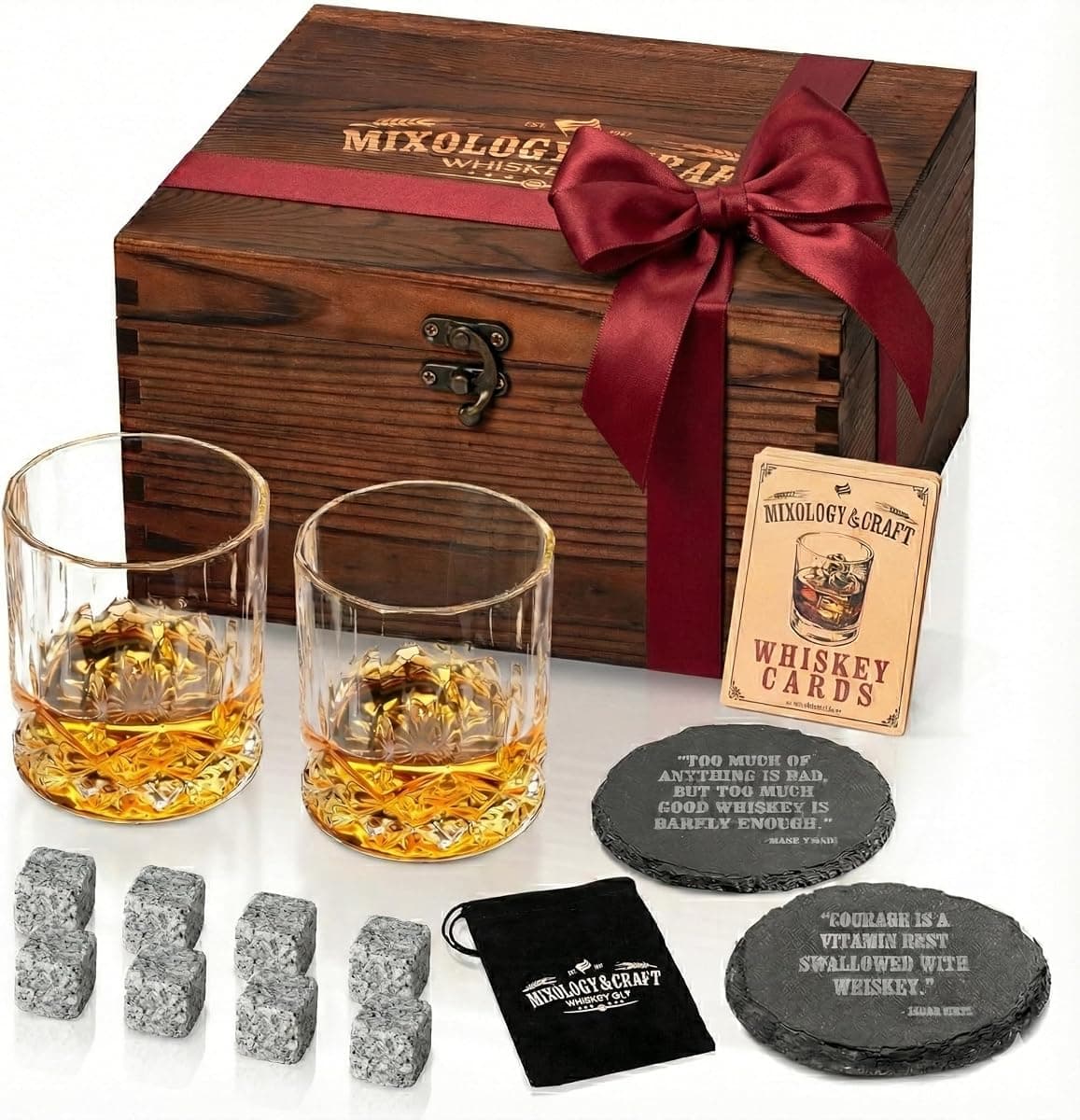 Mixology & Craft Whiskey Stones Gift Set with 2 Crystal Glasses