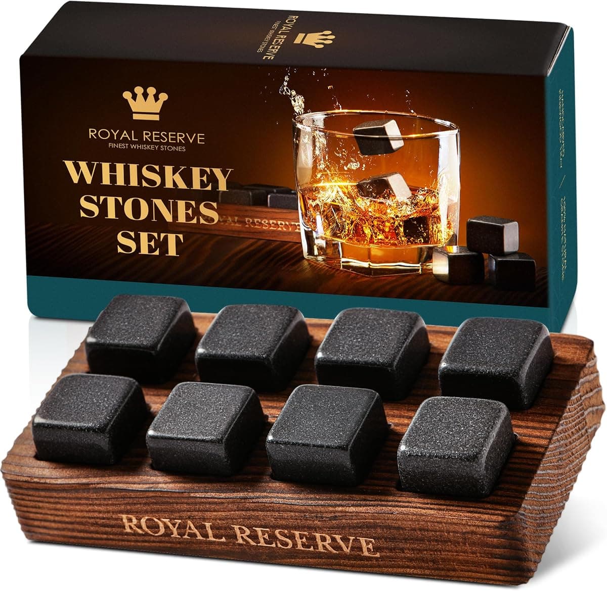 Royal Reserve Whiskey Stones, 8 Granite Rocks with Wood Tray