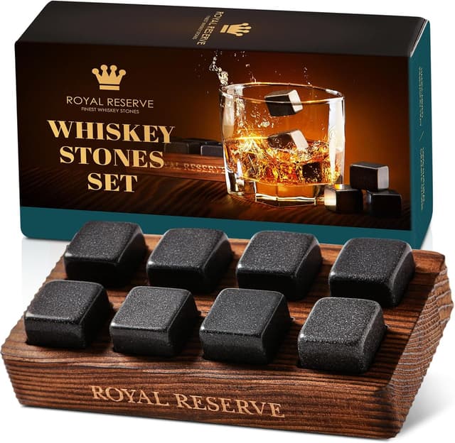 Royal Reserve Whiskey Stones, 8 Granite Rocks with Wood Tray
