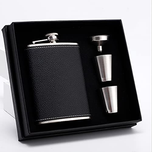 8 oz Leather-Wrapped Hip Flask with 2 Cups and Funnel