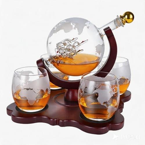 PONPUR Globe Whiskey Decanter Set with 4 Glasses and Stand, 850 ml