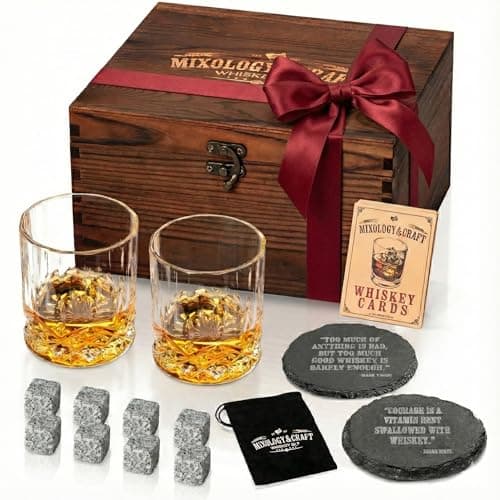 Mixology & Craft Whiskey Stones Gift Set with 2 Crystal Glasses