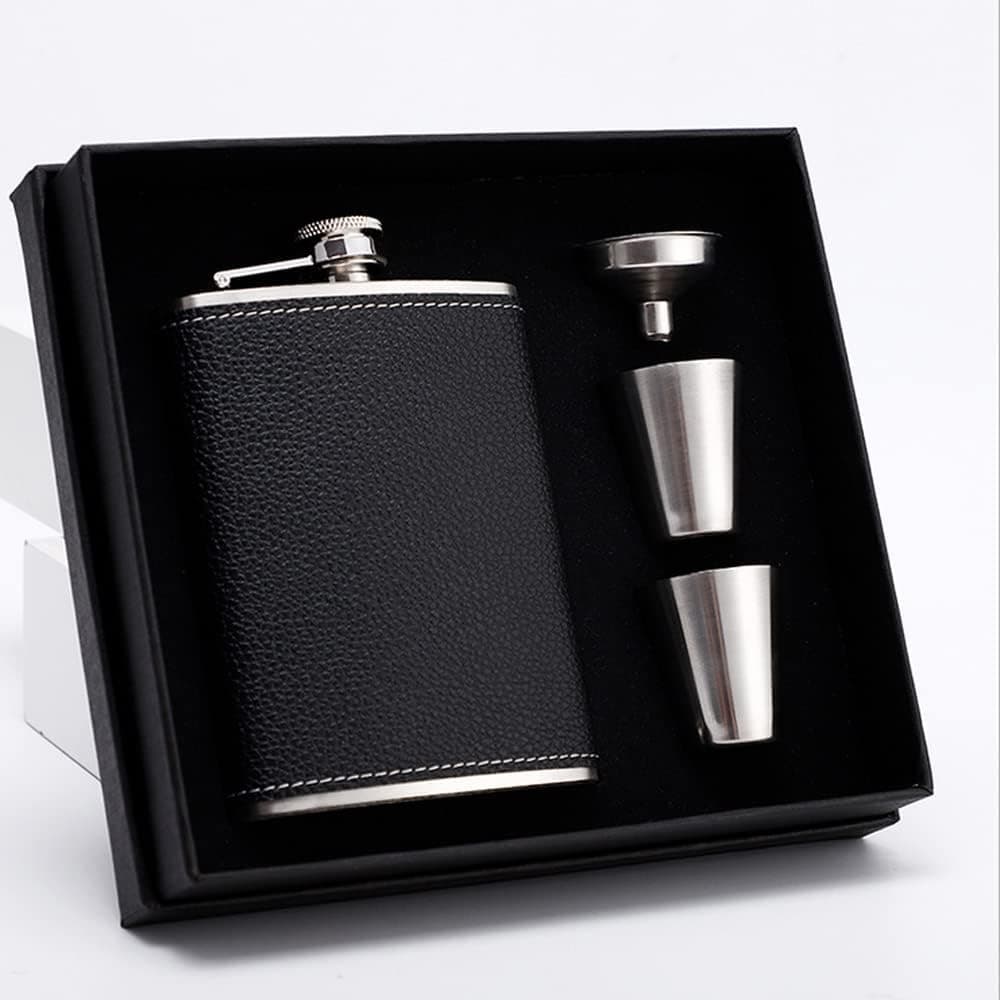 8 oz Leather-Wrapped Hip Flask with 2 Cups and Funnel