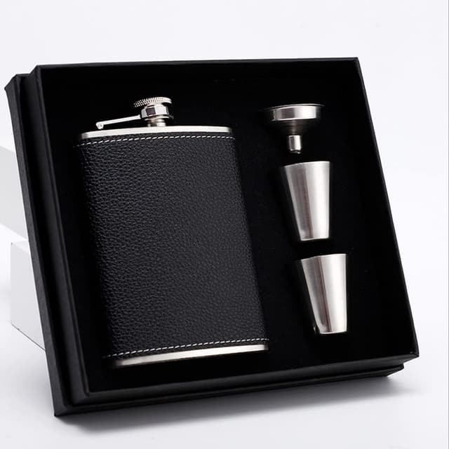 8 oz Leather-Wrapped Hip Flask with 2 Cups and Funnel