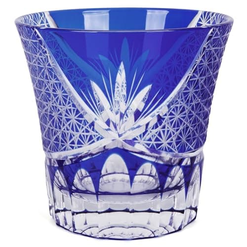 SANMENMO Hand-Cut Whiskey Glass, Edo Tokyo Kiriko Style, Cobalt Blue