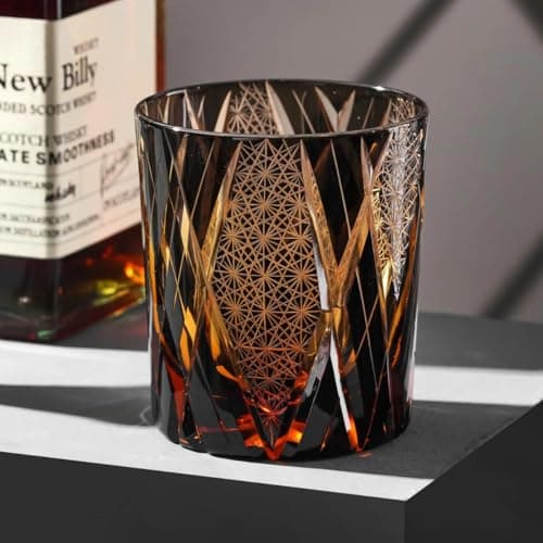 SANMENMO Hand-Cut Whiskey Glass, Edo Tokyo Kiriko Style, Dark Amber