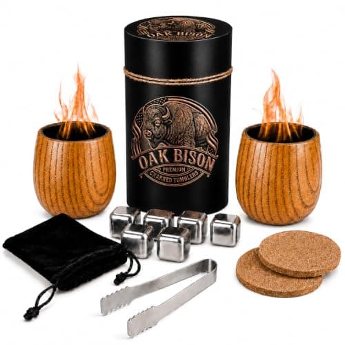 OAK BISON Charred Wooden Whiskey Glasses, 2 Cups, 10.5 oz