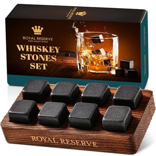 Royal Reserve Whiskey Stones, 8 Granite Rocks with Wood Tray