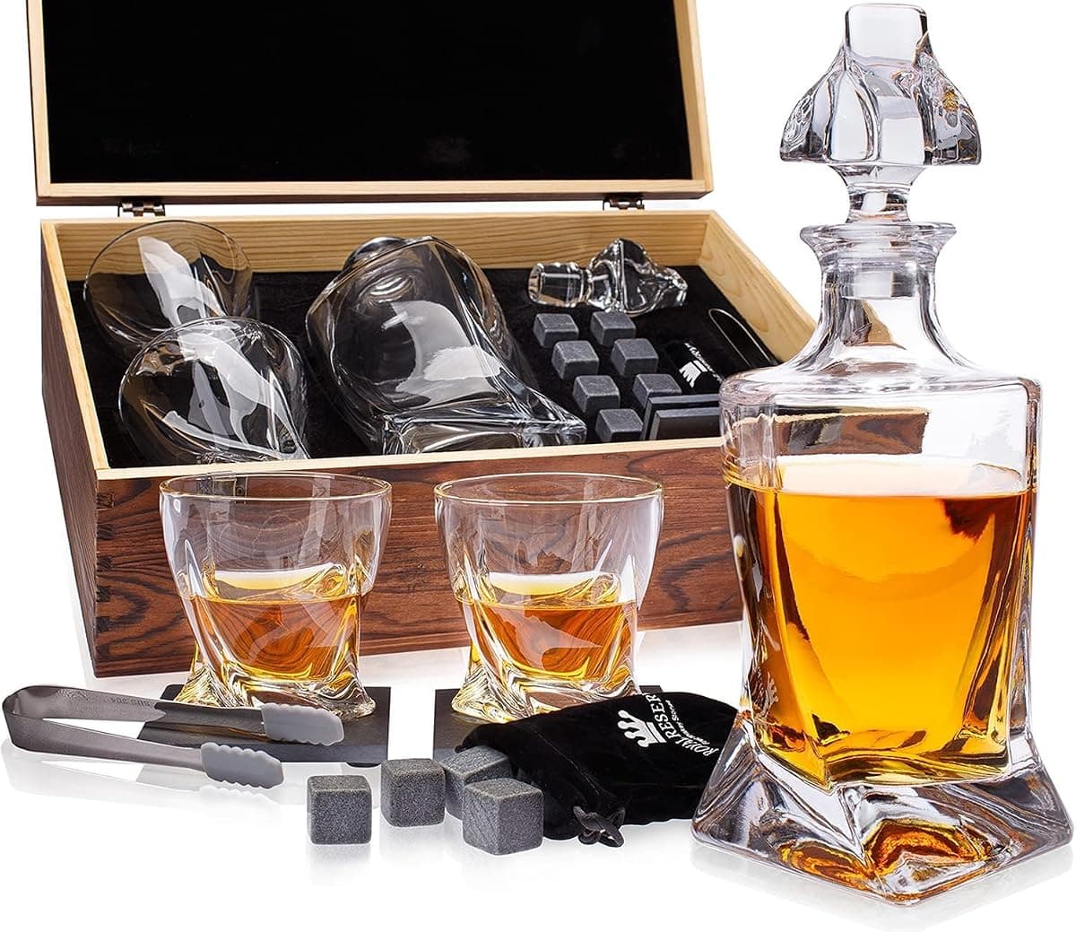 Crystal Bourbon Decanter Set, 24 oz, in a Wooden Box