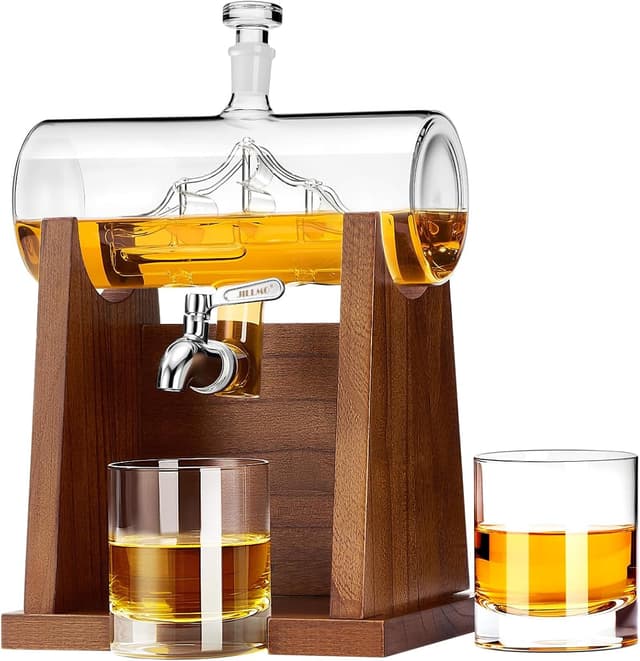 Jillmo Decanter Set with Wooden Stand and Spigot, 1250 ml