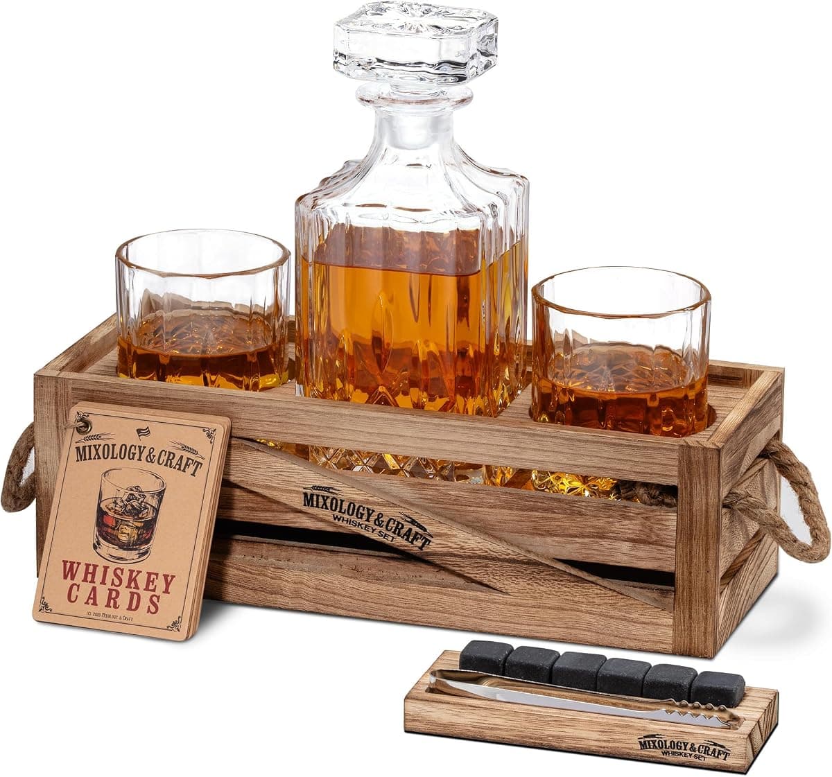 Mixology & Craft Whiskey Decanter Set with Rustic Wood Stand
