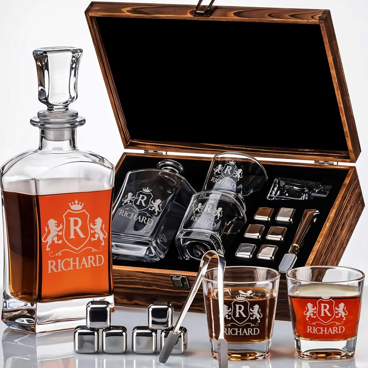 Engraved Decanter Set with Monogrammed Glasses and Wood Box