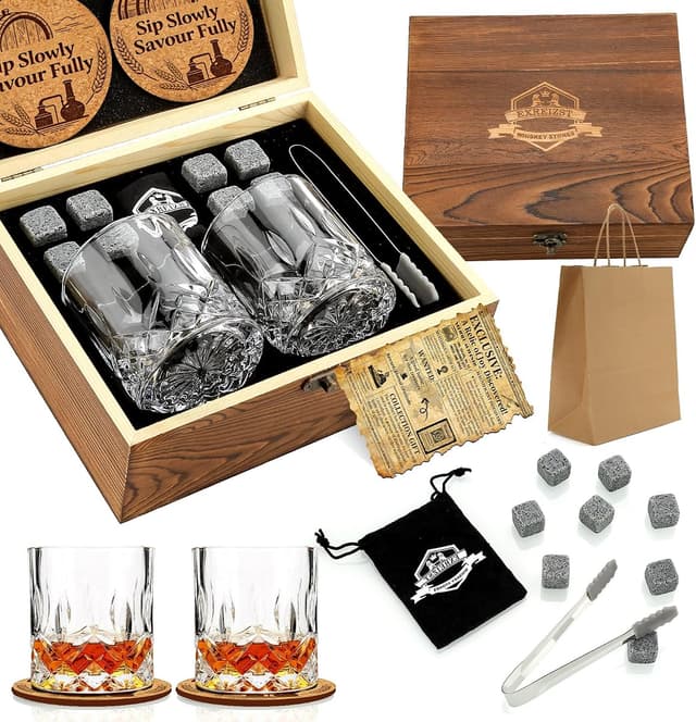 Whiskey Stones and 2 Glasses in a Wood Box